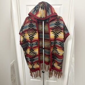 American Eagle Outfitters Red and Yellow Hooded Cardigan